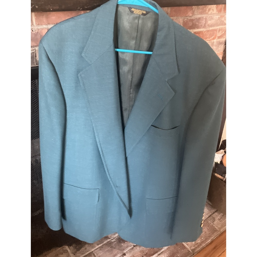 VINTAGE Hopsack Jacket XL Green Polyester Wool Blazer Sport Coat 46R